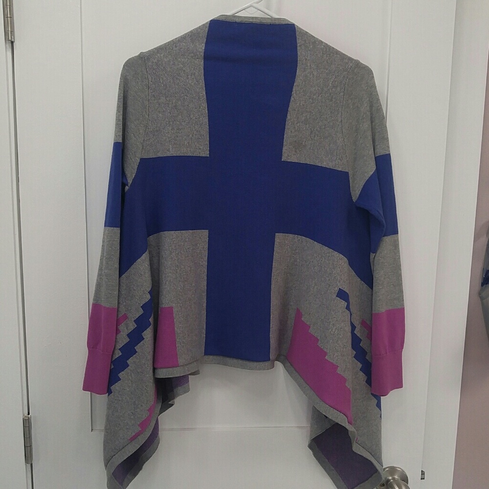 Union Jack England British Flag Hi Lo Sweater Cardigan Wrap Knit Pink Blue Gray